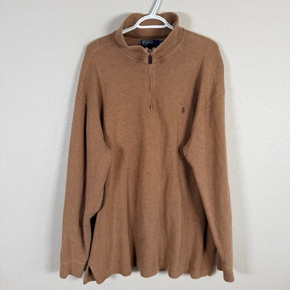 Polo Ralph Lauren 1/4 Zip Pullover Mens XLT Brown Cotton Ribbed Sweater - Picture 2 of 7